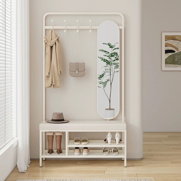 Nordic style entryway bench with mirror and shoe storage