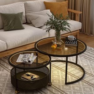 Round tempered glass coffee table set of 2 for Living room,Bedroom