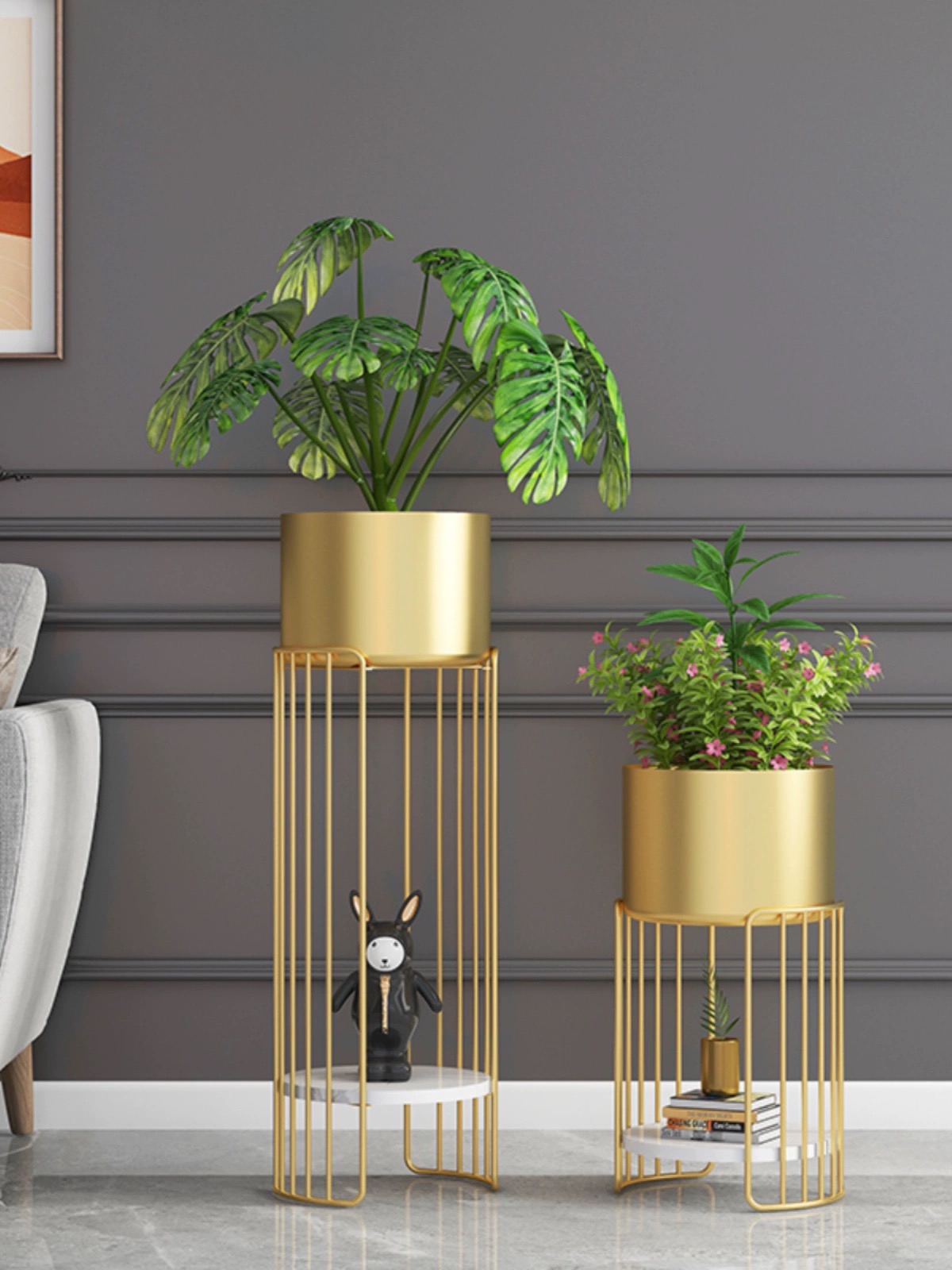 17",32"H Gold metal planter stand indoor outdoor (2 count)