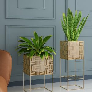 Rattan weave inspired gold metal plant stand (2 count)