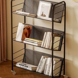 3 layer bookshelf, metal shelf with wheels