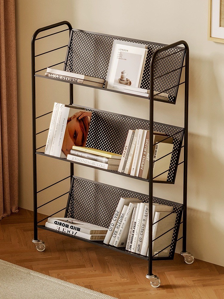 3 layer bookshelf, metal shelf with wheels