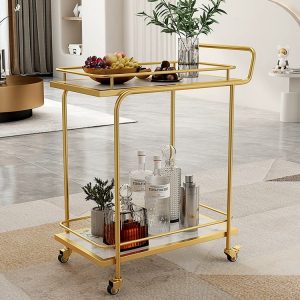 2 tier modern bar cart with wheel, Gold finish