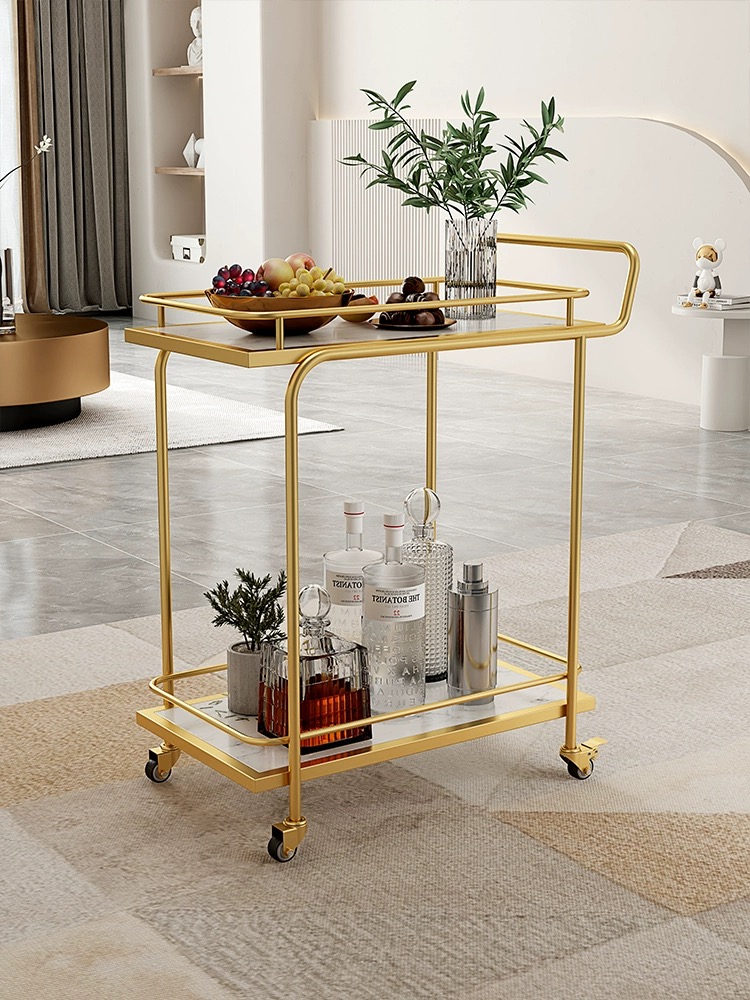 2 tier modern bar cart with wheel, Gold finish
