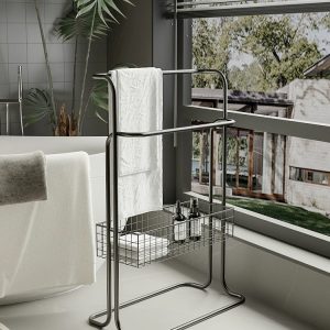 Bath 2 tier towel rack stand with basket
