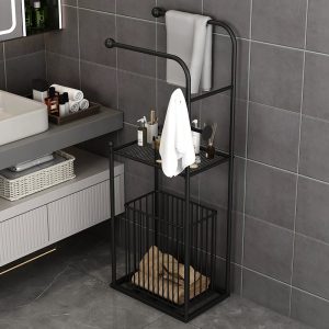 Freestanding towel rack with basket,Bathroom shelving unit
