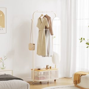 Clothes organizer stand on wheels with mirror