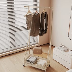 Hanging stand clothes rack with one tier storage shelf - Ivory