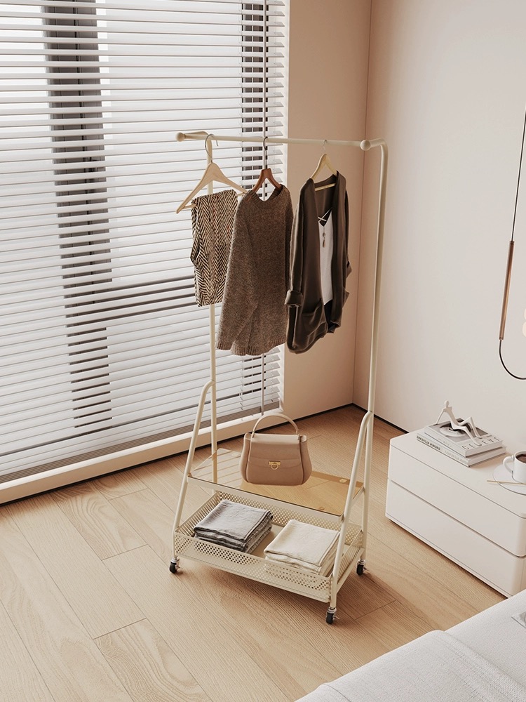 Hanging stand clothes rack with one tier storage shelf - Ivory