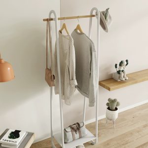 Hanging stand clothes rack with one tier storage shelf - White