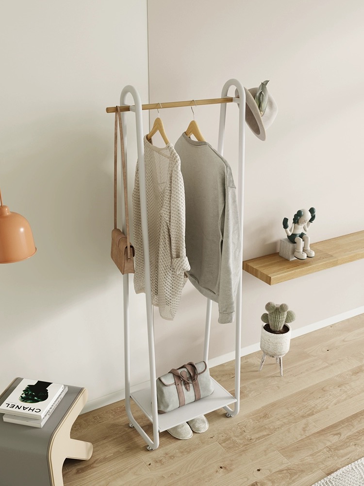 Hanging stand clothes rack with one tier storage shelf - White