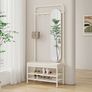 Home entryway bench with mirror and shoe storage