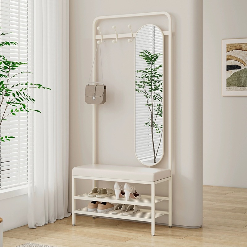 Home entryway bench with mirror and shoe storage